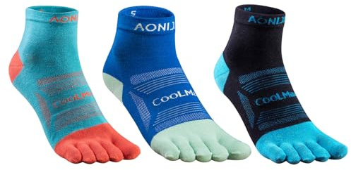Azarxis Calzini da corsa per donne e uomini, atletici, a cinque dita, taglio basso, alla caviglia, calzini a quarto di gamba, 3 paia, E4802# Quarter - Nero + Blu Lago + Blu Scuro - 3 paia, 5-7.5