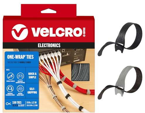 VELCRO Brand 150pk Cable Ties Value Pack | Replace Zip Ties with Reusable Straps, Reduce Waste | for Wire Management and Cord Organizer | 8 x 1/2 Thin Pre-Cut Design, Black and Gray