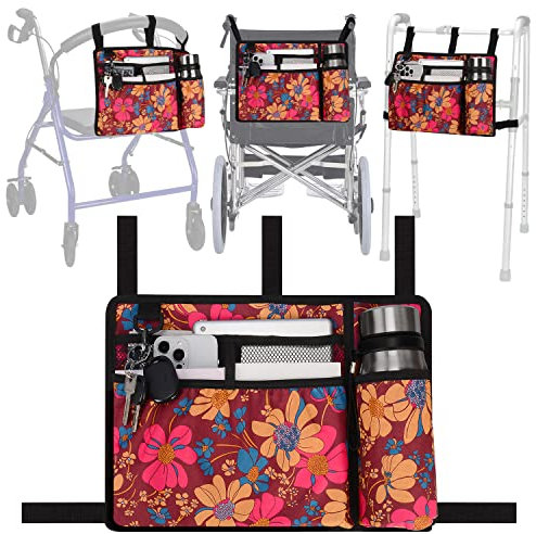 supregear Walker Tasche mit Getränkehalter, Wasserdicht Rollstuhltasche Falten Walker-Zubehör Korb für Rollstühle, Rollatoren, Roller (Blumen)