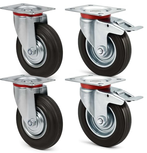 Wiltec Kit 4x Roulette – 2x Pivotantes double arrêt et 2x Pivotantes – Diamètre 125 mm – Capacité 100 kg/roue – Charge lourde, Caoutchouc plein Transport Meuble