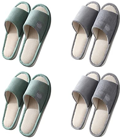 Teceyfeet Set di 4 paia di pantofole unisex per ospiti, pantofole da bagno, antiscivolo, lavabili in cotone, per coppie, dimensioni: 38/40 o 40/45, 2 Grigio EU 41 45 e 2 Verde Eu 36 40, 36/45 EU