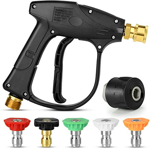Pressure Washer Gun, Short Nozzle Jet Wash Gun with M22 14MM Hose Interface and Adaptor Compatible with 1/4 inch Quick-Connect Nozzles 4350PSI High Pressure for Car Washing and Patio Cleaning