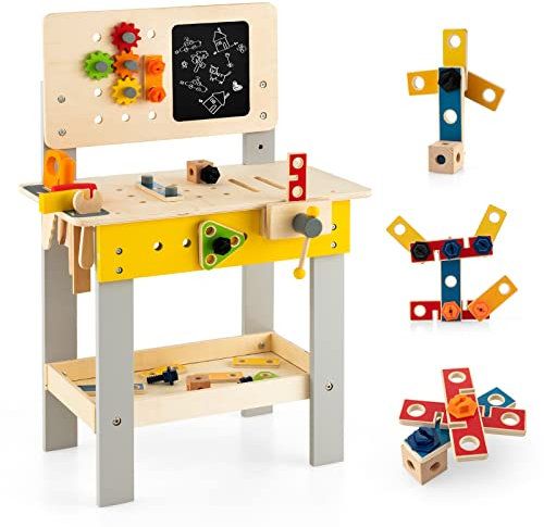 COSTWAY Wooden Kids Workbench, Children's Tool Bench with Blackboard, Saw, Hammer, Screwdriver, Wrench, Toddlers Construction Pretend Role Play Toy Set for Ages 3 +