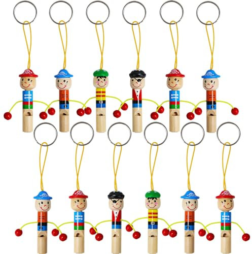 Prmape 12 Stück Holzpfeife Kinder, 8cm Karikatur Piraten Pfeife Vogelpfeife, Holzpfeife Kindergeburtstag, Kinderspielzeug Pfeife, Tierpfeifen Geräusch für Kinder