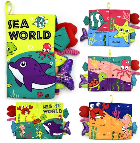 AKOFIC Libri Stoffa Neonati 0 3 6 12 Mesi, Libro Sensoriale con 3D Code della Giungla, Libro Tattile Morbidi Interattivo, Giochi Sensoriali Montessori Giocattoli Educativi Regali Neonato (Sea World)