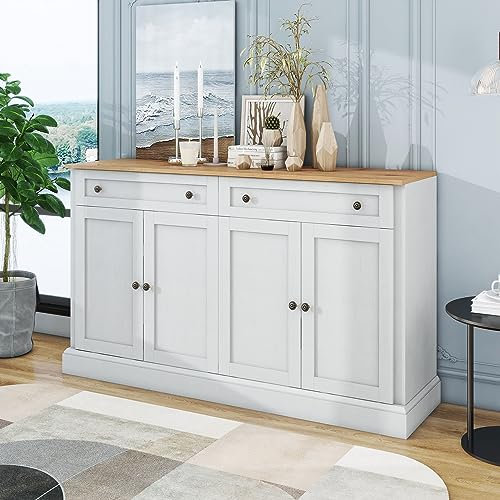 Kehun Sideboard Weiss für Wohnzimmer und Esszimmer, Kommode Schrank Buffetschrank 150 x 86 x 40 cm mit 4 Türen und 2 Stauraum Schubladen, Antikweiß, Naturholz