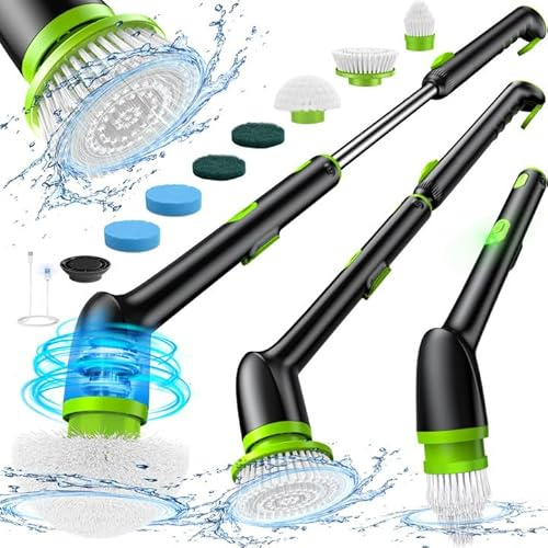 LyriFine Elektrische Reinigungsbürste, 7 in 1 Electric Cleaning Brush, Elektrische Reinigungsbürste Haushalt mit langem Griff,2 Geschwindigkeiten, Ersatzköpfe für Badezimmer Fliesen Strahlend Grün