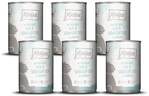 MjAMjAM - Nourriture Humide Premium pour Chats - Duo de Canard Tendre & Poisson d'eau Douce aux Carottes, Pack de 6 (6 x 400g), sans céréales avec Un supplément de Viande