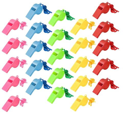 MAEXUS® Silbato para niños, 25 silbatos de emergencia con cordón, sonido fuerte y nítido, silbato de mano, para educación física, para lectura, deportes, árbitro, silbato