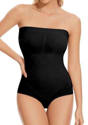 ONEW Bodysuit Sin Tirantes de Banda para Mujer, Moldeador de Camiseta con Tirantes Removibles, Control de Abdomen, Moldeador de Cuerpo Completo, Negro, M