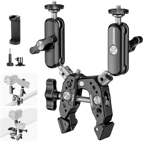 NEEWER Super Clamp con Dos 360° Brazos Mágicos Doble Cabeza Esférica, Roscas de Tornillo de 1/4 3/8, Adaptador Montaje de Teléfono y Cámara de Acción Compatible con GoPro dji Insta360 DSLR