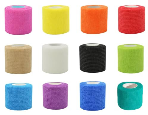 12 Rollen Selbstklebender Verband,Verband Selbstklebend,Selbsthaftende Bandage,Fingerverband,Fingertape,2.5 cm x 4.5 m,Geeignet für Arme,Füße,Gelenke,Finger (Mehrfarbig)