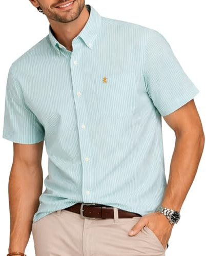 Mens Short Sleeve Oxford Shirt Plain or Stripe,Classic Fit,Button Down Collar & Pocket. Holiday Apparel Leisure Shirts. By Janeo British Apparel. Paris Mint Stripe, L