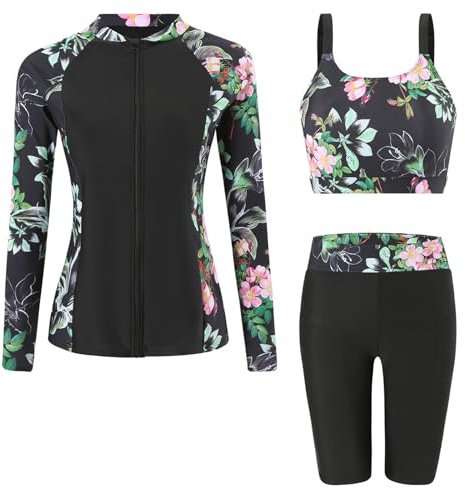 Ausing - Costume da Bagno da Donna in 3 Pezzi, Protezione Solare, Set Rashguard a Manica Lunga + Pantaloncini e Tankini da Surf da Spiaggia, Nero + rosa, XXL