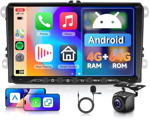 Hodozzy 4G+64G Android Autoradio för Vw Golf 5 6 Polo Passat Skoda Touran Tiguan Seat, 9 Pekskärm Med Carplay Android Auto, Radio Med Navi Wifi Bluetooth DSP FM/RDS Radio Canbus Rückfahrkamera