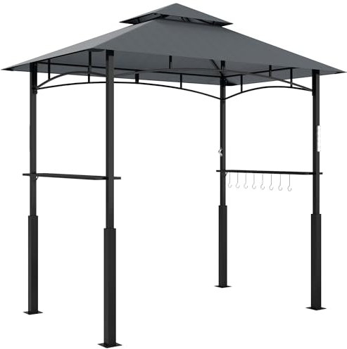 Outsunny Grillpavillon mit LED 243 x 148 x 248 cm flammhemmend wasserdicht Gartenlauben mit Seitenregalen,Doppeldach, Grillzelt mit UV-Schutz, Gartenpavillon aus Metall BBQ Pavillon für BBQ Party Grau