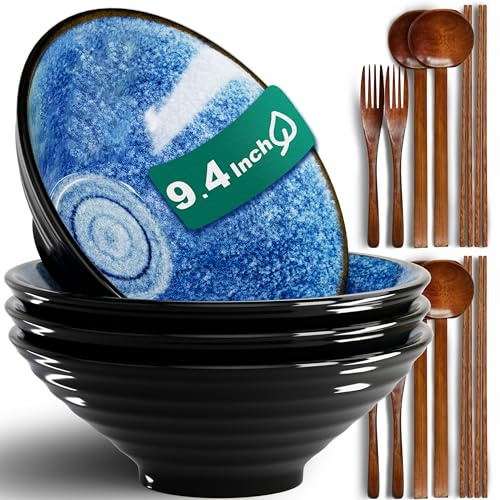 9.4-Inch 4 Sets Ceramic Ramen Bowl (16 Piece) - Japanese Porcelain Dishwasher Microwave Safe Salad Noodles Cereal Pasta Soup Large Bowls with Chopsticks Forks Spoons for Men Women Housewarming Gift