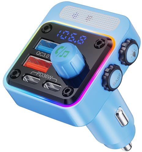 NULAXY 54W Adaptateur Chargeur Allume-Cigare Bluetooth 5.3 avec 4-Port Charge Rapide[PD 36W & QC3.0 18W], Transmetteur FM avec Basses Profondes, Éclairage 5-Couleur, Appels Mains-Libres, Bleu Clair