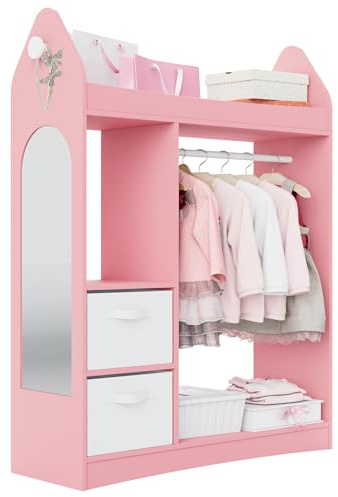 Hironpal Kids Wardrobe with Mirror Baby Wardrobe, Open Hanging Children Dress Up Storage with Storage Shelf for Bedroom Kids Clothes Rail (Rocket,2 Drawer, Pink)