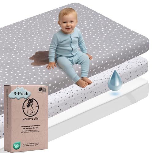 Mommybelly Vagglakan Set 35x75. 2 Lakan med Resår i Bomullsjersey + 1 Vattentätt Madrasskydd i Frotté för Barnvagn, Babylift, Babykorg. OekoTex-certifierad. Stjärnor 75x35