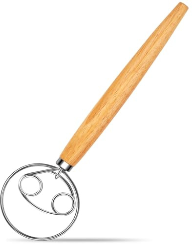 FAYAHAR Batidor de Masa Danés, 33 CM Batidor de Masa Danés con Mango de Madera, Mezclador De Massa De Acero Inoxidable, Doble Bobina, Antideslizante, para Huevos Masas y Pasteles Cocina y Repostería