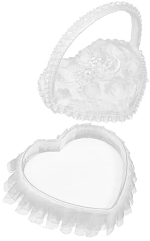 Zerodeko Porta Anelli Cuore Mini in Pizzo e Raso Bianco con Maniglia Raffinata e Portatile per Cerimonie Nuziali e Matrimoni