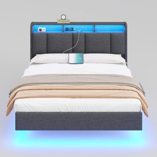 AOGLLATI Double Bed Frame 135x190 cm, 4ft6 Floating Bed, Dark Grey | Charging Station, Led Lights, Storage Headboard, Upholstered bed frame, Stable, Sturdy Wood Slats, No Box Spring Needed