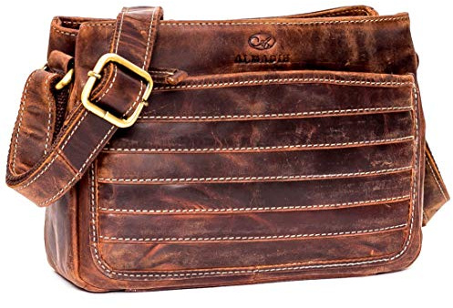 ALMADIH kompakte Ledertasche Damen Umhängetasche mit 2 Hauptfächer AYA BV- kleine Damentasche Clutch Handtasche Schultertasche Freizeittasche Abendtasche Citytasche Tasche braun (AYA vintage)