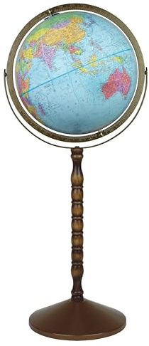 Treasury 12 Diameter Globe, USA Cartography, Convertible to Desktop with Raised Mountain Relief and Sturdy Metal Base and Hand Turned Hard Wood Stand. This economical 12” floor model stands 32” high on a durable metal base and attractive wooden pedestal. Easily converted to a table globe, added features include gyro-matic mounting and calibrated full meridian.