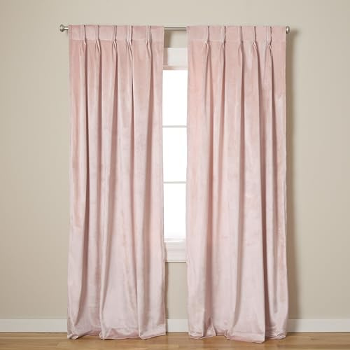 TOWN & COUNTRY LUXE Velour Solid Heavyweight Indoor Curtains, Light Filtering Opacity, Triple Pinch Pleat Top, Plush Velvet, 2-Pack Set, 27x84, Blush