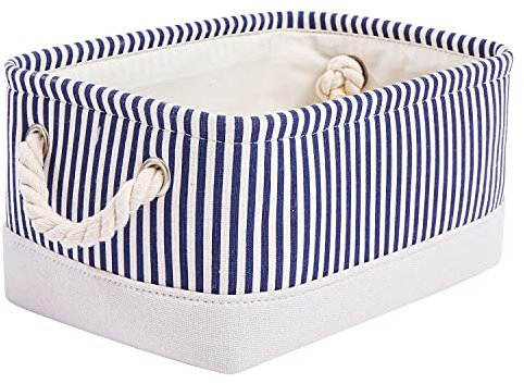 Mangata Washable Collapsible Thickened Canvas Fabric Storage Box with Handles (Small, Blue Stripe)