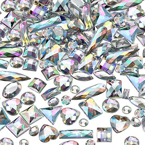 Chuangdi 500 Pezzi Gemme da Cucire in Acrilico Cristallo per Cucire Forme Miste sugli Strass con 2 Holes per Vestiti Decorazioni Perline (Crystal AB)