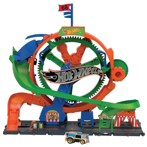 Hot Wheels City - Ruota Panoramica, playset con pista circolare attivabile con luci e suoni del luna park, 1 macchinina Hot Wheels inclusa, giocattolo per bambini, 3+ anni, HKX46