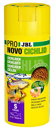 JBL PRONOVO CICHLID GRANO, Hauptfutter für kleine Buntbarsche von 3-10 cm, Klickdosierer, Fischfutter-Granulat, Größe S, 250 ml