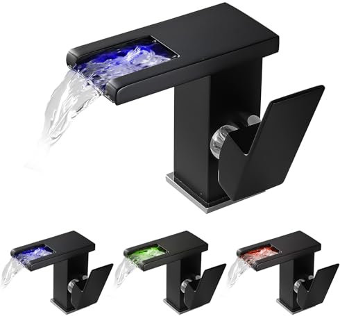 KEOKBON LED Lichter Bad Wasserhahn Schwarz, Farbtemperatur Wasserfall Waschtischarmatur, 3 Farbe Waschtischbatterie, Kaltes und Heißes Wasser Vorhanden, Einhandmischer Waschbecken Armaturen