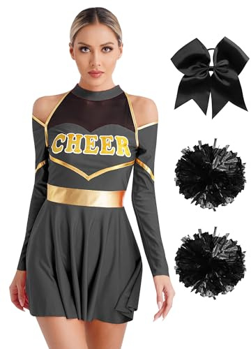 Alvivi Cheer Leader Kostüm Damen Cheerleading Uniform Schulmädchen Kleid mit Pompoms Haarband Halloween Karneval Fasching Kostüm Schwarz M