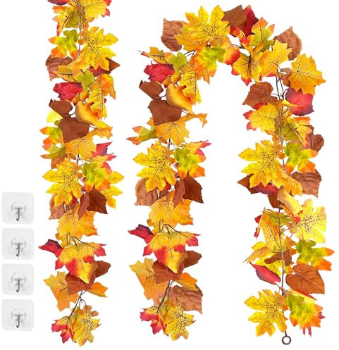 TINA Herbst Girlande Herbstblätter 2 Stück Künstliche Ahornblatt Girlande 174cm Herbst Ahornblatt Künstliche Herbstdeko für drinnen und draußen Hochzeit Abendessen Kamin