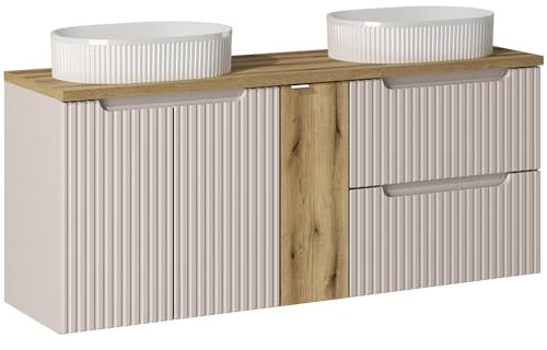 Lomadox Double vasque de salle de bain 140 cm avec 2 vasques à poser, cachemire et chêne, avant rainuré