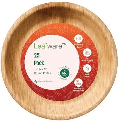 Leafware™ 25-Pack 10-Inch Round Areca Palm Leaf Plates – Compostable, Biodegradable, Plastic-Free Disposable Dinnerware for Weddings, Events & Catering
