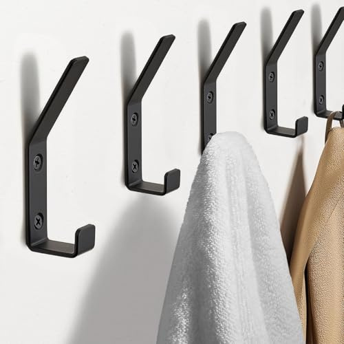 Exbrith 5 Piezas Metal Dobles Perchas Pared, Ganchos Percheros de Pared, Percheros de Pared Negros, Gancho Pared, con Boulons et boulons à expansion, para Dormitorio, Armario, Baño (Negro)