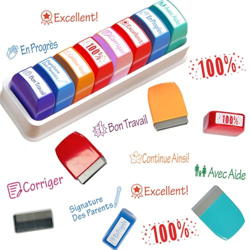 8 PCS Tampons Enseignants Français, Tampon Enseignant, Tampon Auto Encreur, Tampon-Encreur Enseignant, pour évaluation, récompense, motivation, sceau d'encouragement, devoirs d'élèves