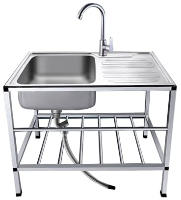 Évier Cuisine 1 Bac Avec Établi, Évier Cuisine Acier Inoxydable Sur Pied, Utilitaire Plonge Inox Avec Chaud/froid Robinet, Portable Et Sur Pied, Facile À Nettoyer.