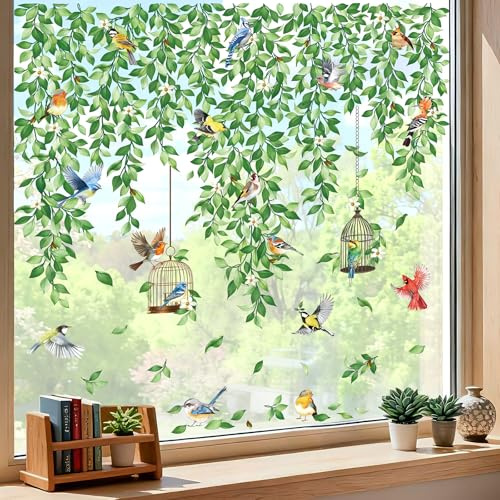 decalmile Spring Hanging Vine Flowers Double Sided Window Clings Green Leaves Plants Bird Anti-Collision Glass Doors Window Stickers Decals