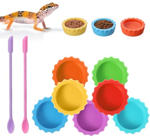 9Pcs Silicone Reptile Feeding Dish Set, Colorful Small Animal Bowls with 2 Silicone Spoon for Reptile Tanks, Practical Crested Gecko Tank Accessories for Small Pet