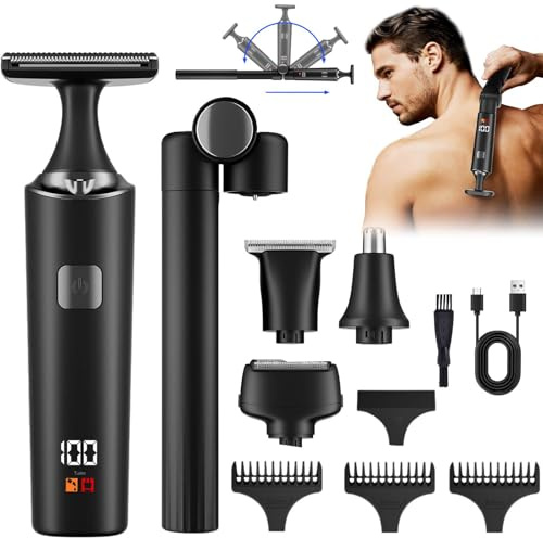 Rasoio per schiena da uomo, 5 in 1, rasoio elettrico pieghevole a manico lungo, impermeabile, senza dolore, kit per la rimozione dei peli di schiena, petto e spalle