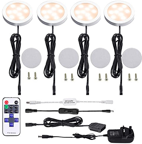 AIBOO LED Under Cabinet Dimmable 4-Pack Puck Light With Remote - 12V Plug-in for Kitchen Cupboard, Counter, Shelf - Warm White 2700K