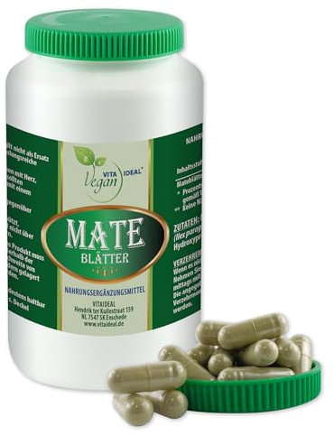 VITA IDEAL Vegan® MATE - Blätter - 180 KAPSELN - Ilex paraguariensis - Tagesportion 840mg MATEBLÄTTER reines Pulver. Pflanzlich, natürlich und ohne Zusatzstoffe