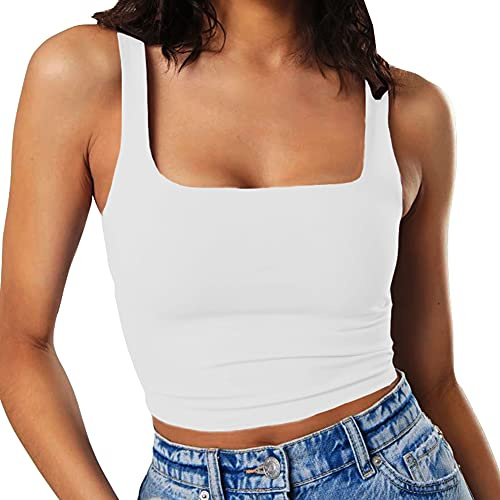 Artfish Women's Sleeveless Strappy Seamless Crop Tank Tops Square Neck Workout Fitness Basic Cropped Camis White, XS
