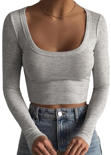 Artfish Women's Square Neck Long Sleeve Ribbed Slim Fitted Casual Basic Crop Top (Heather Grey, S)