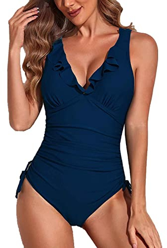 Yutdeng Maillot de Bain Femme 1 Pièce à Volants Push Up Swimsuit Col V Ventre Plat Monokini Dos Nu Crossback Maillot de Bain à Cordon Une Piece Élégant Maillot Amincissant